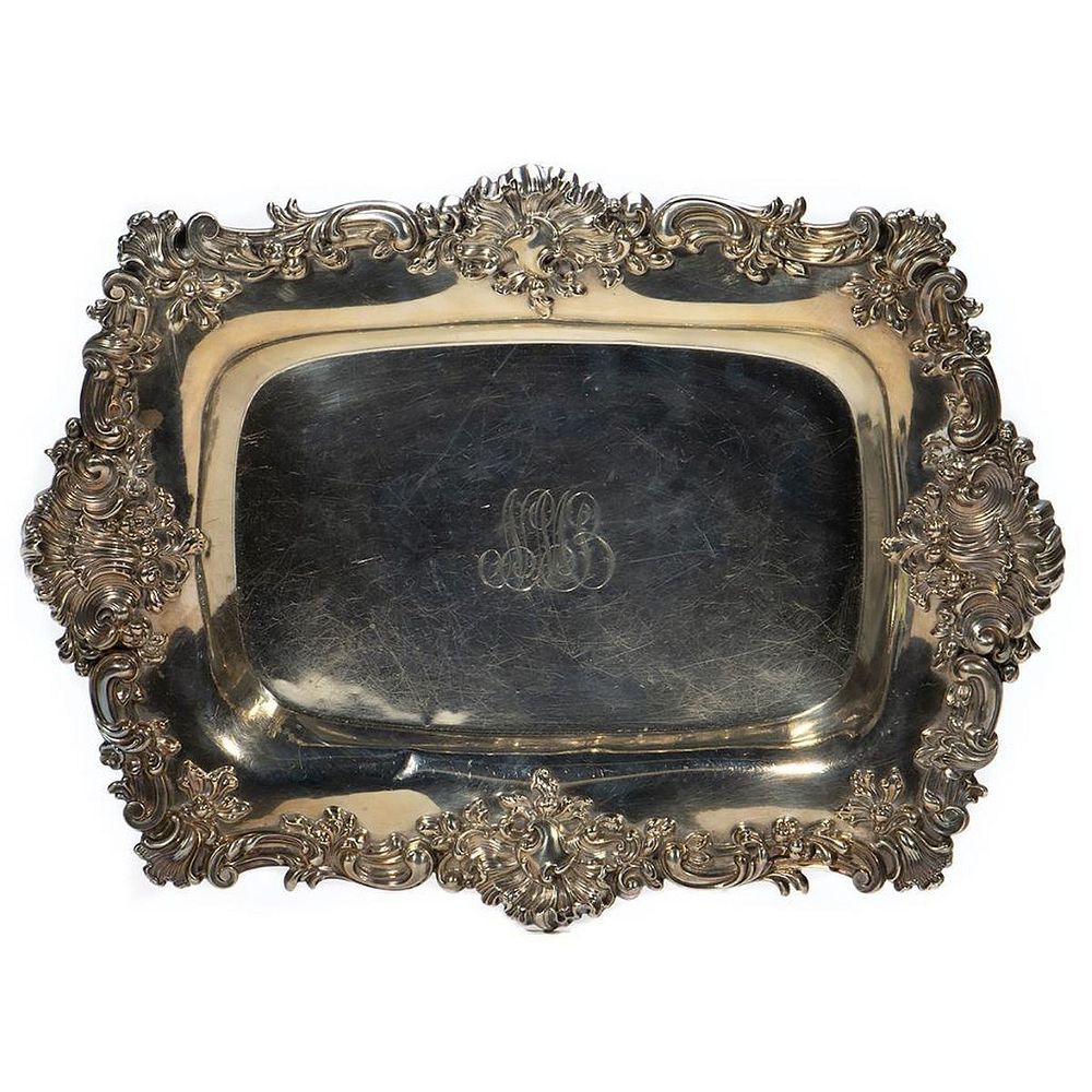 Appraisal: Sterling Rococo Design Tray Repousse floral border Monogrammed in l