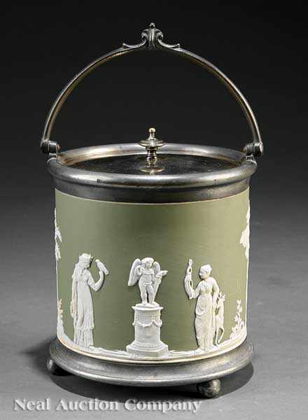 Appraisal: A Wedgwood Green Jasperware Biscuit Barrel stamped reserved with Classical