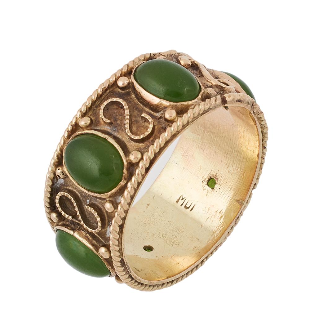 Appraisal: KT YELLOW GOLD AND JADE CIGAR BAND RING APPROX TOTAL