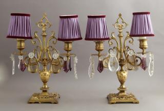 Appraisal: Pair of French Bronze Prism-Hung Two Light Candelabra th c