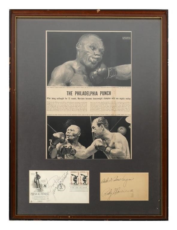 Appraisal: Presentation piece signed by three heavyweight boxing champions' autographs displayed