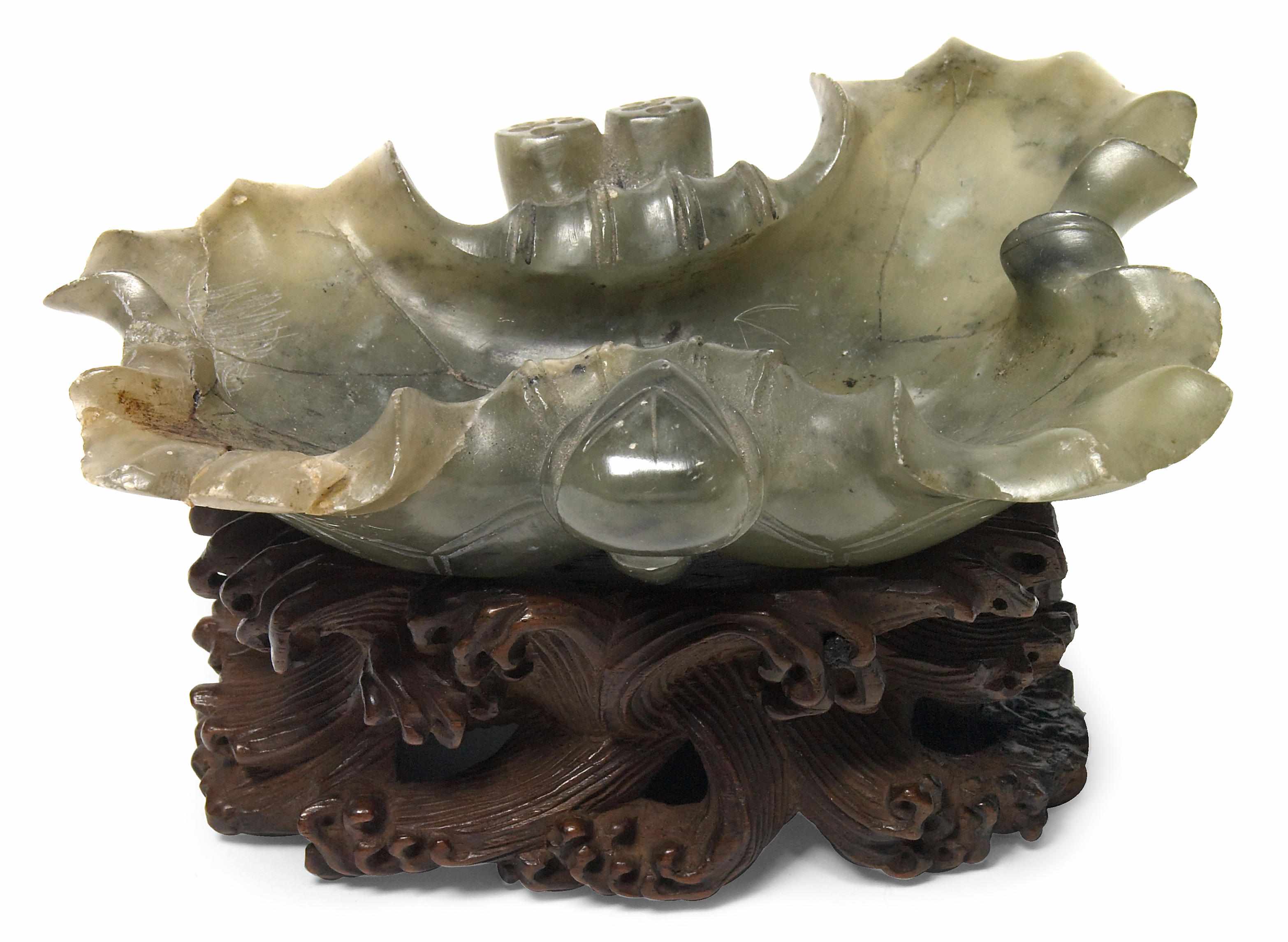 Appraisal: A Chinese small green soapstone brush washer With carved hardwood