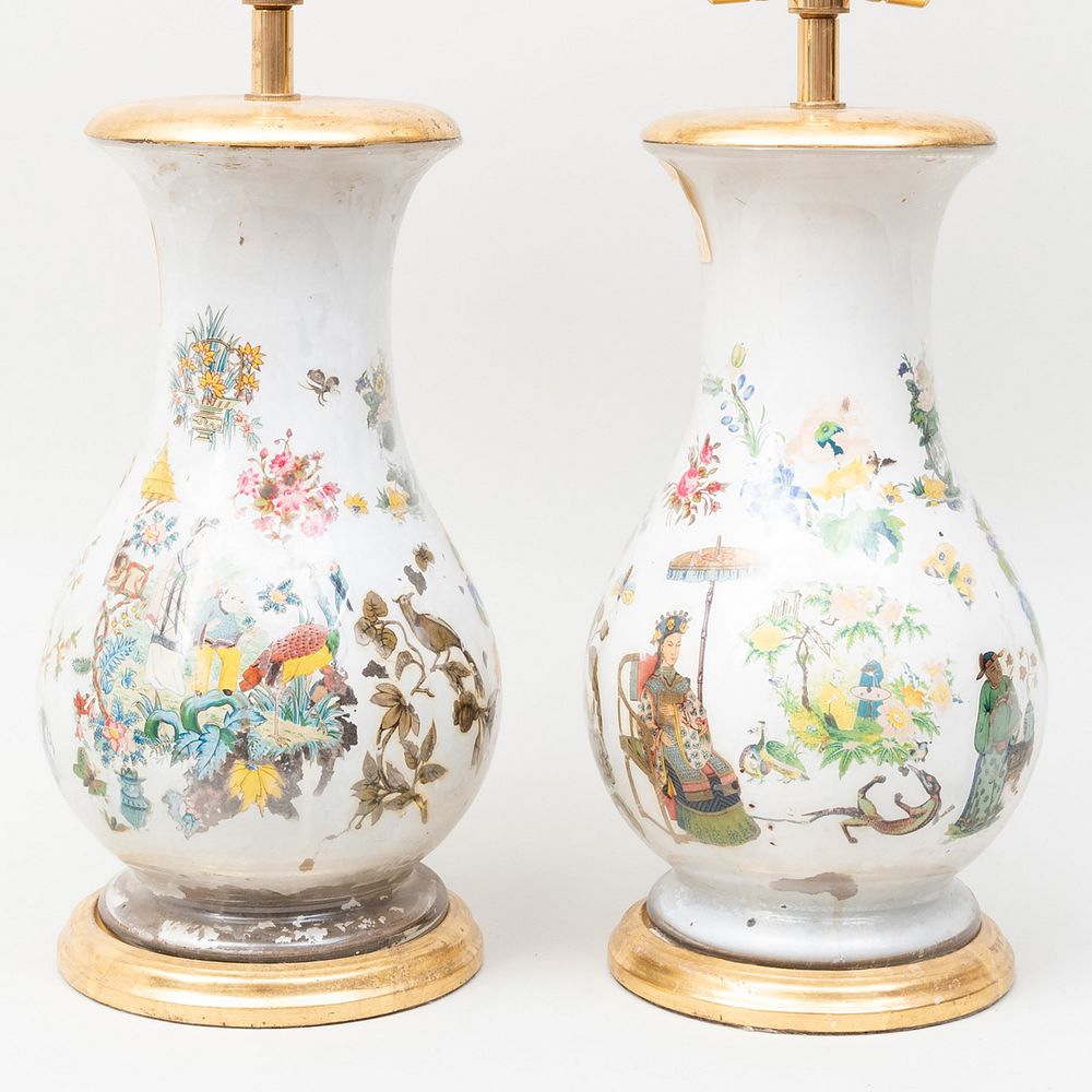 Appraisal: Pair of Decoupage White Ground Lamps in high to socket