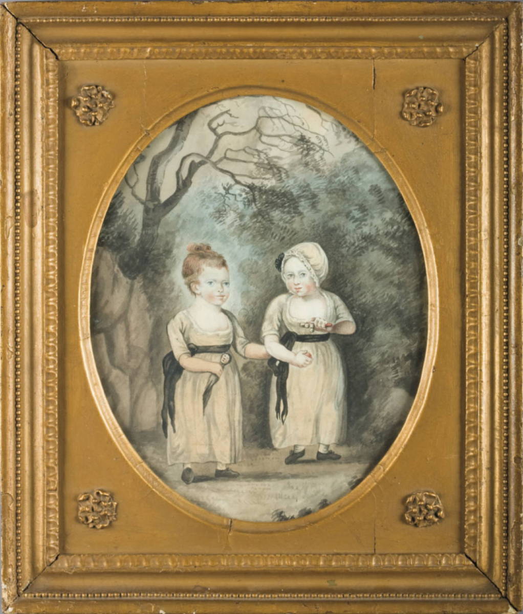 Appraisal: FRAMED IRISH WATERCOLOR OF TWO CHILDREN STANDING IN A GARDEN