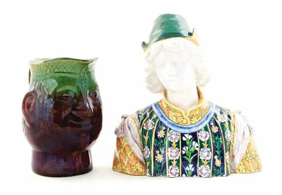 Appraisal: Continental faience bust and figural face pitcher bust of young