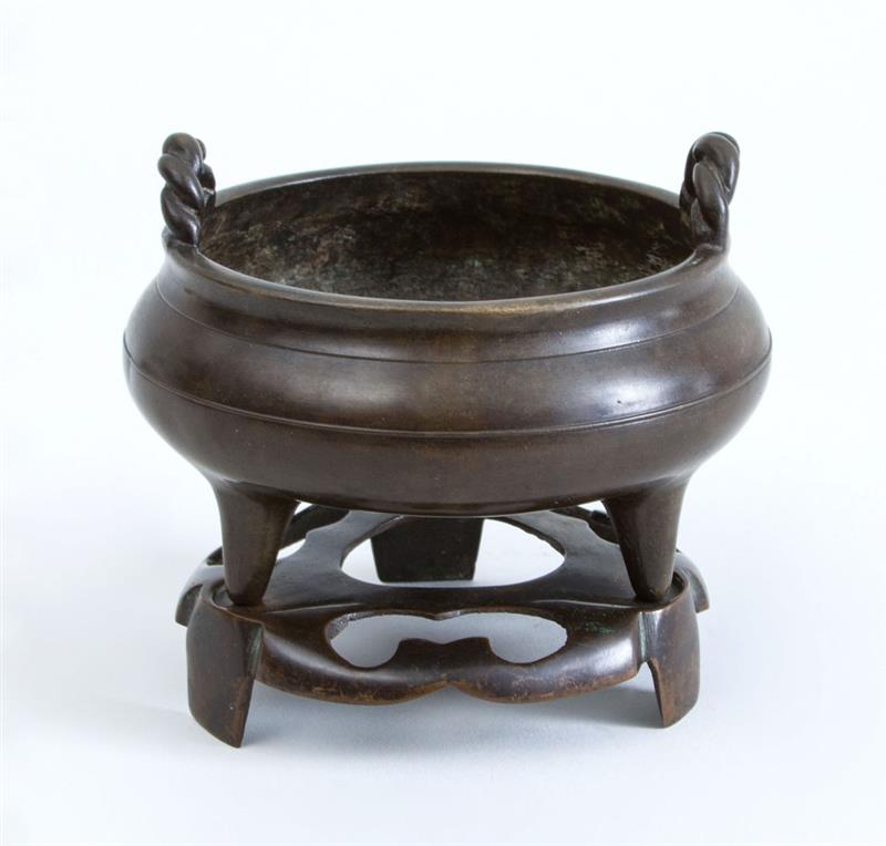 Appraisal: CHINESE ARCHAIC STYLE BRONZE TRIPOD CENSOR On separate stand with