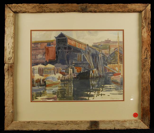 Appraisal: J OLAF OLSON American - THE FISHING DOCKS watercolor signed