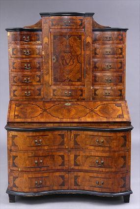 Appraisal: SOUTH GERMAN ROCOCO INLAID WALNUT TWO-PIECE BUREAU CABINET The stepped