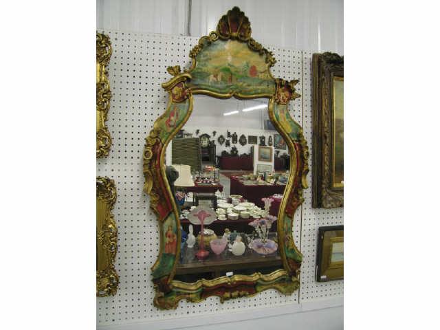 Appraisal: Italian Carved Handpainted Mirror landscape figures rococo style gold trim