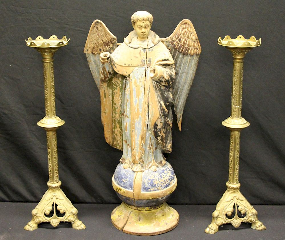 Appraisal: Antique Carved Wood Angel As Is Together With A Pair