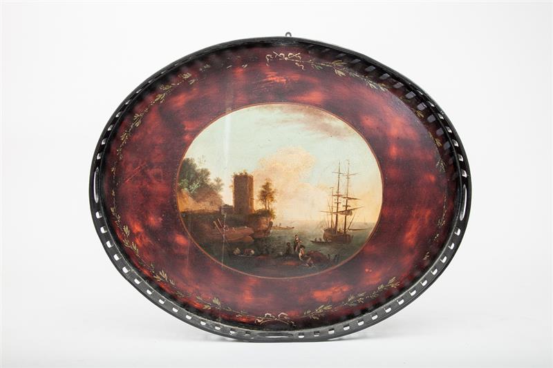 Appraisal: George III Style Painted Wood Oval Galleried Tray With faux