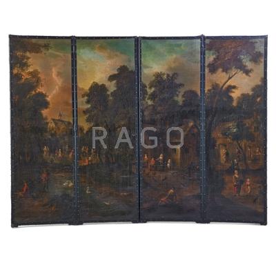 Appraisal: EUROPEAN FOUR PANEL SCREEN Hand-painted bucolic country scene th th