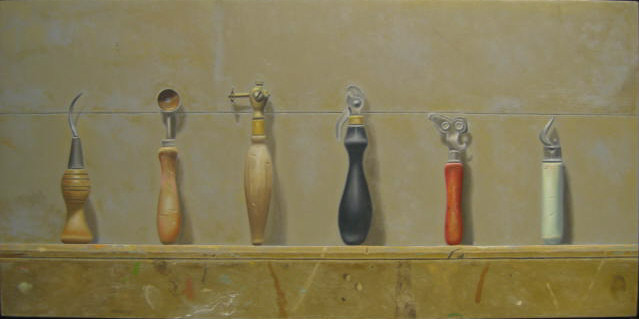 Appraisal: MANUEL HUGHES AMERICAN Tools On Shelf oil on masonite signed