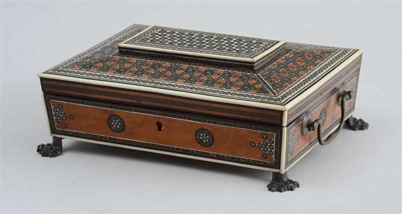 Appraisal: ANGLO-INDIAN MOSAIC-INLAID SANDALWOOD BOX The flattened dome hinged lid with