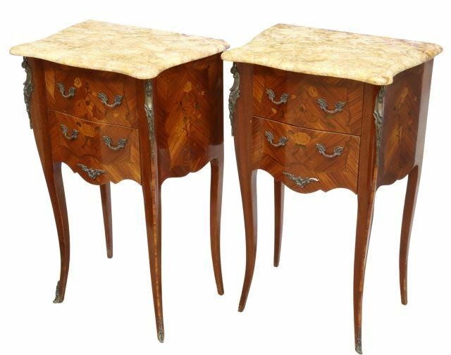 Appraisal: pair French Louis XV style marble-top marquetry nightstands early th