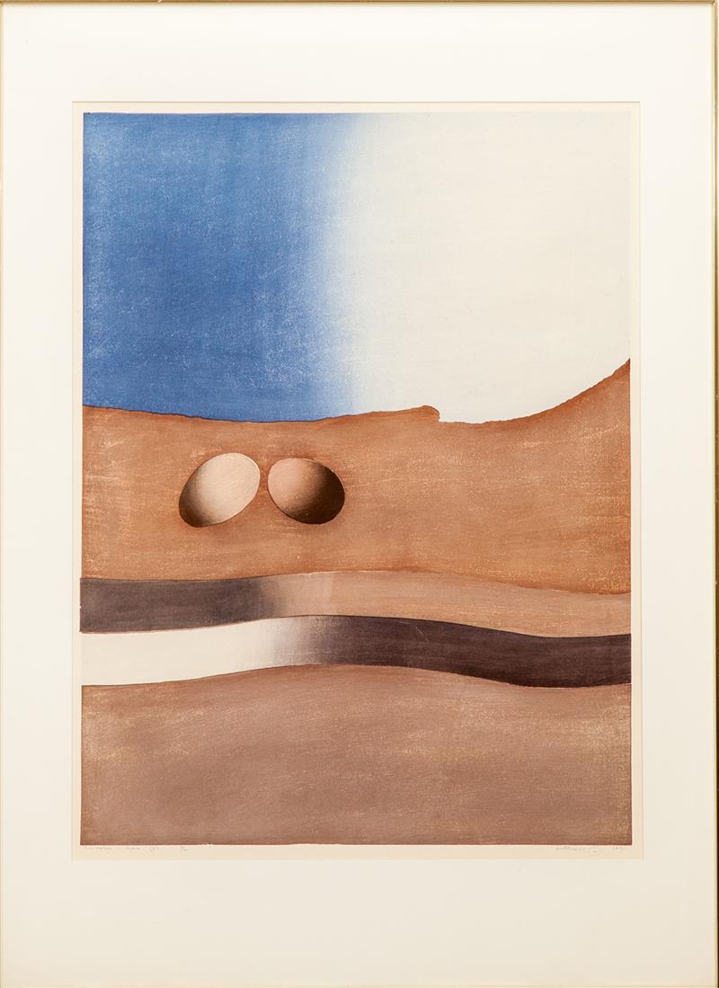 Appraisal: Ansei Uchima - Two Spheres in Space Woodcut in colors