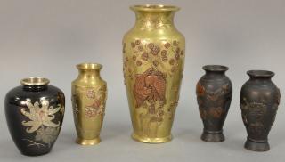 Appraisal: Five bronze vases including pair of multimetal Oriental style bronze