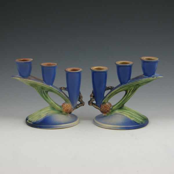 Appraisal: Roseville blue Pine Cone triple candleholders Both marked Roseville -