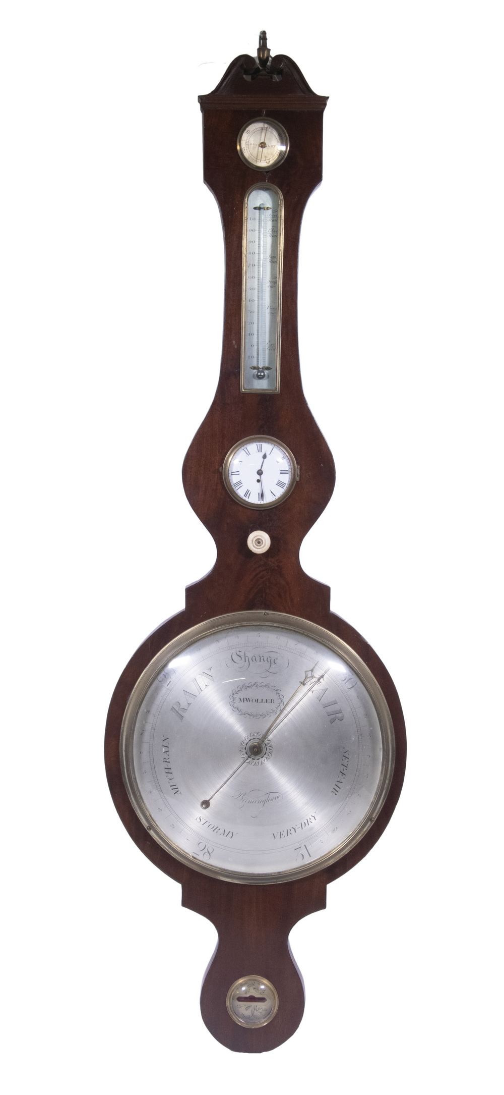 Appraisal: ENGLISH WHEEL BAROMETER WITH CLOCK M WOLLER BIRMINGHAM Early th