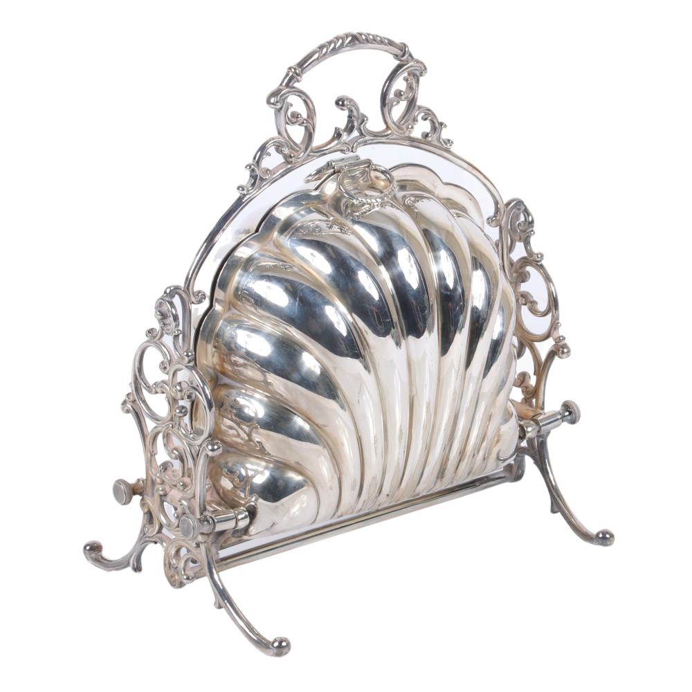 Appraisal: VICTORIAN ENGLISH SILVERPLATE CLAM SHELL FORM FOLD OUT BUN BISCUIT