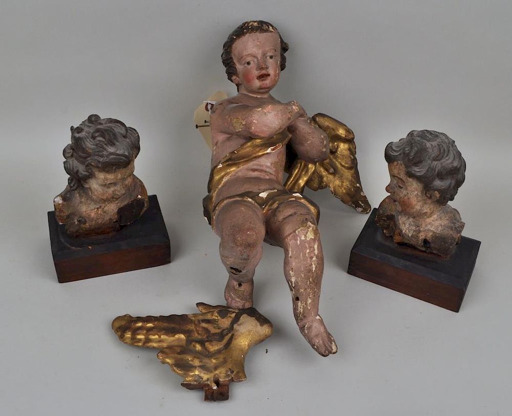 Appraisal: Group Early Carved Polychromed Gilded Putti comprising a large figure