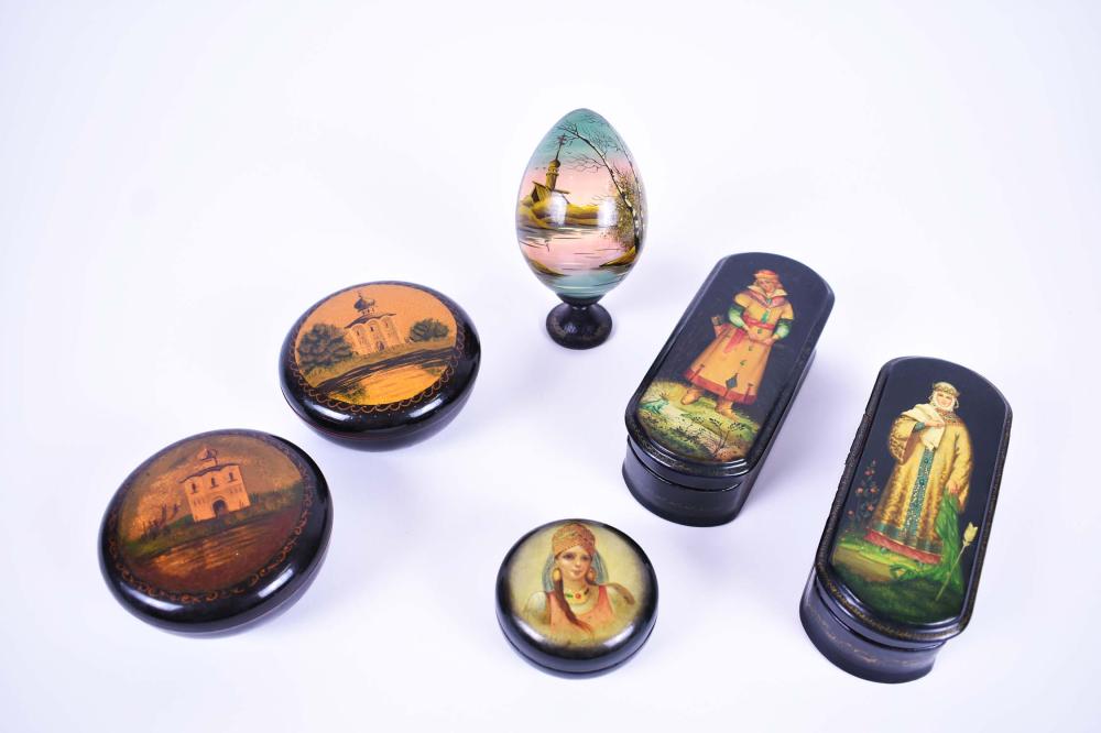 Appraisal: FIVE RUSSIAN PAINTED LACQUER BOXES AND AN EGGTwo oval painted