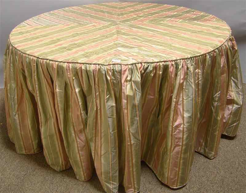 Appraisal: LARGE COLLAPSIBLE ROUND DINING TABLE WITH DURALEE SILK PLAID COVER