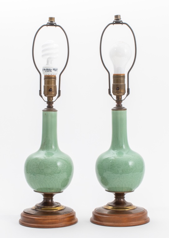 Appraisal: CHINESE CELADON BOTTLE VASES MOUNTED LAMPS PAIR Pair of Chinese