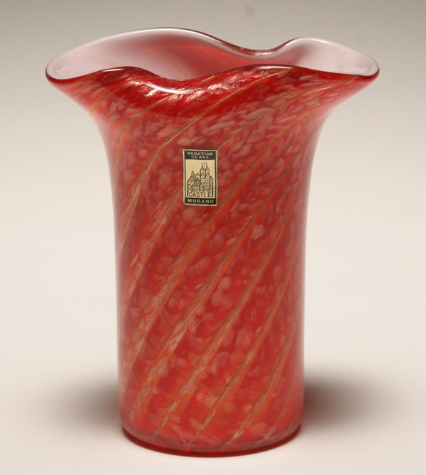 Appraisal: Fratelli Toso red cased art glass vase Lobed neck having