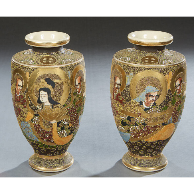 Appraisal: Pair of Satsuma Baluster Earthenware Vases c of tapering form