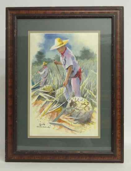 Appraisal: Watercolor men working signed '' Emilio Galindo'' Sight '' x