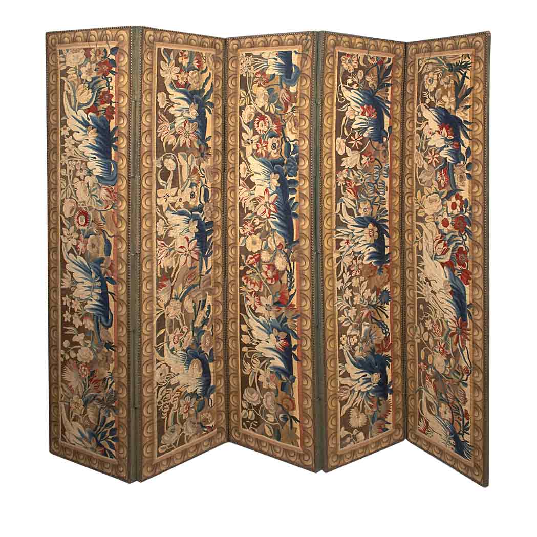 Appraisal: Flemish Baroque Style Five-Panel Screen The tapestry th th century