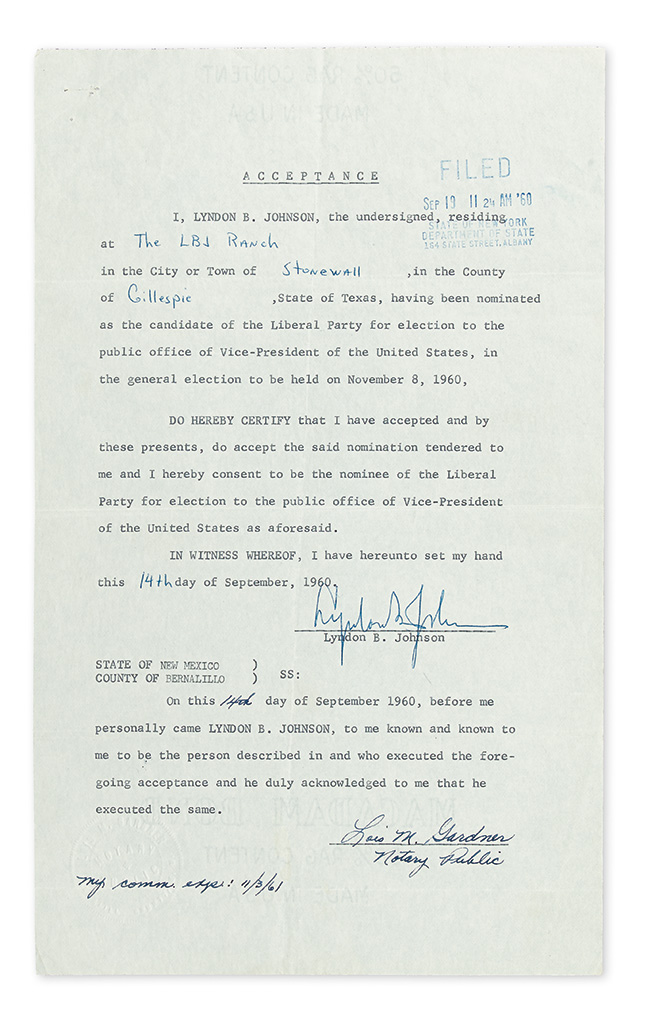 Appraisal: LBJ FORMALLY ACCEPTS LIBERAL PARTY'S NOMINATION FOR VICE PRESIDENT JOHNSON