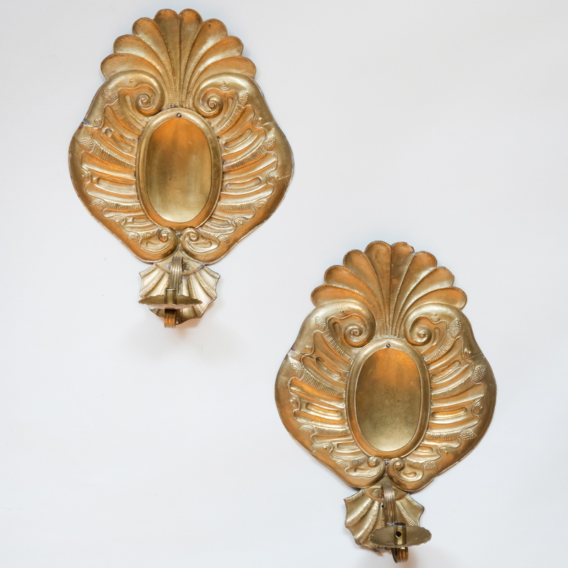 Appraisal: PAIR OF DUTCH STYLE BRASS REPOUSS WALL SCONCES x x