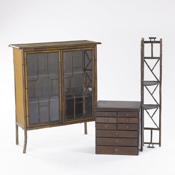 Appraisal: TWO-DOOR RATTAN BOOKCASE Together with corner shelf and specimen cabinet