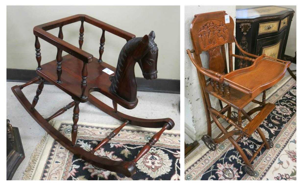 Appraisal: CHILD'S ANTIQUE HIGHCHAIR AND HORSE-HEAD ROCKER American late th century