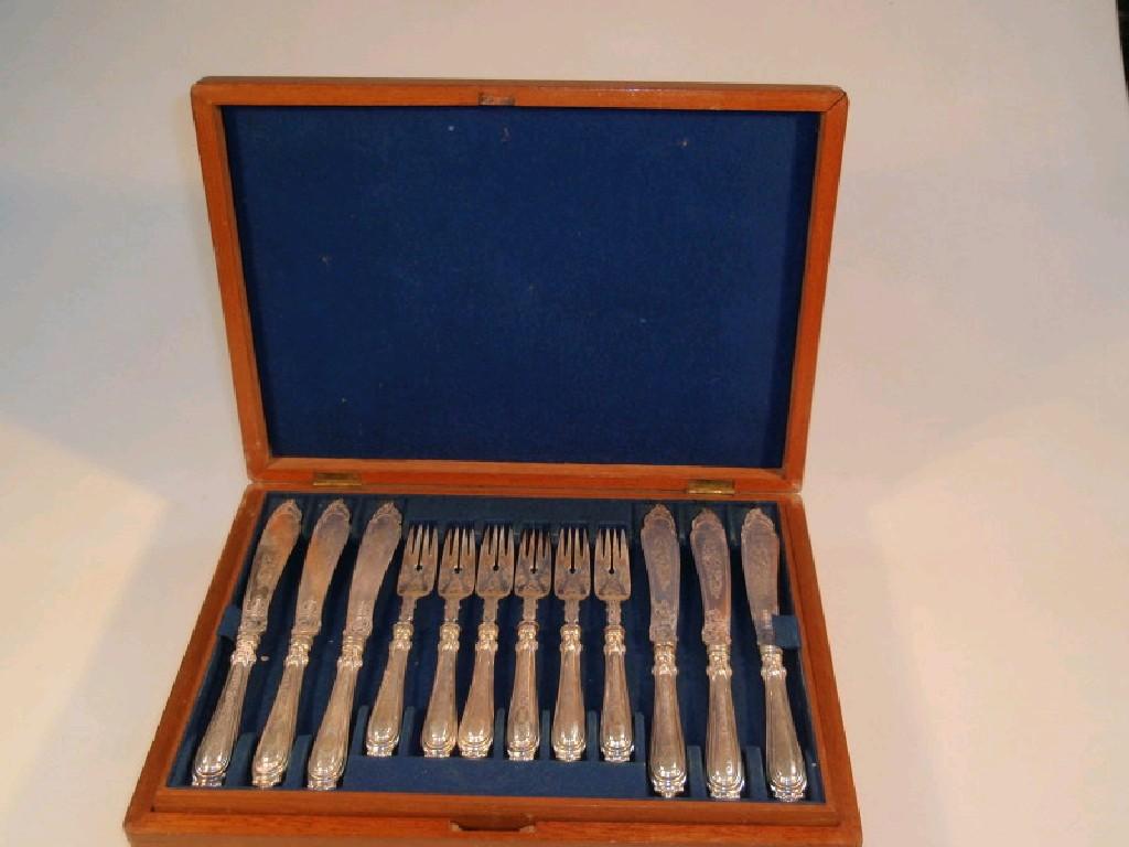 Appraisal: pairs of silver plated fish knives and forks engraved decoration