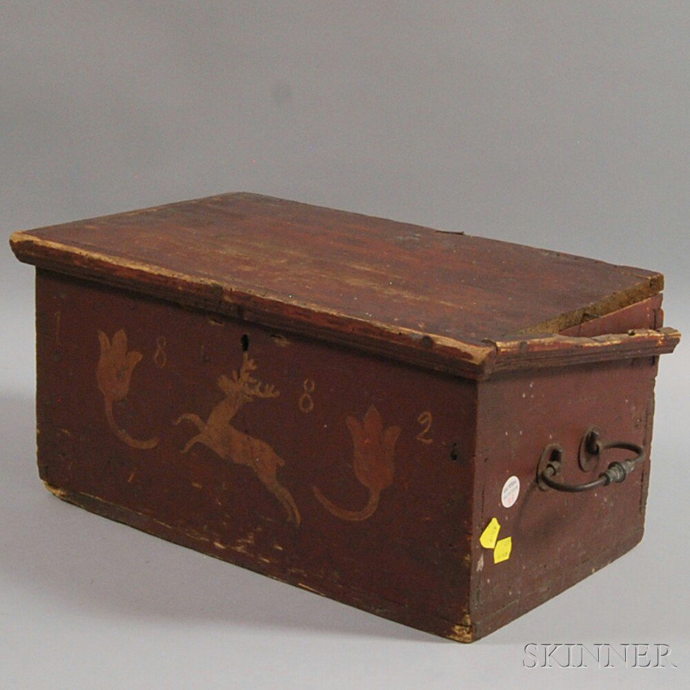 Appraisal: Red-painted Wooden Box with Stag and Flower Decoration probably northern