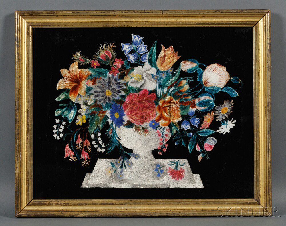 Appraisal: Framed Reverse-painted Glass Tinsel Picture of an Urn of Flowers