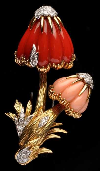 Appraisal: FLUTED CORAL AND DIAMOND FLOWER BROOCH Stamped k approx x