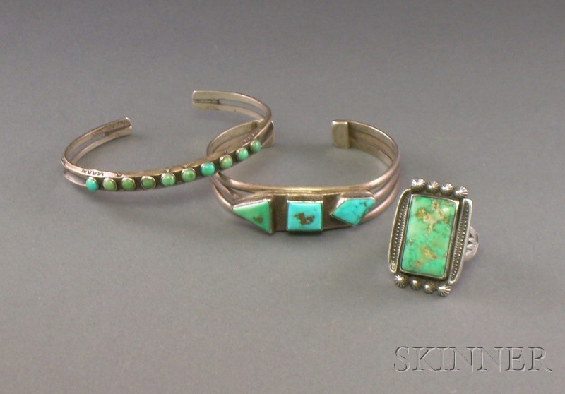 Appraisal: Three Southwest Silver and Turquoise Jewelry Items Navajo two bracelets