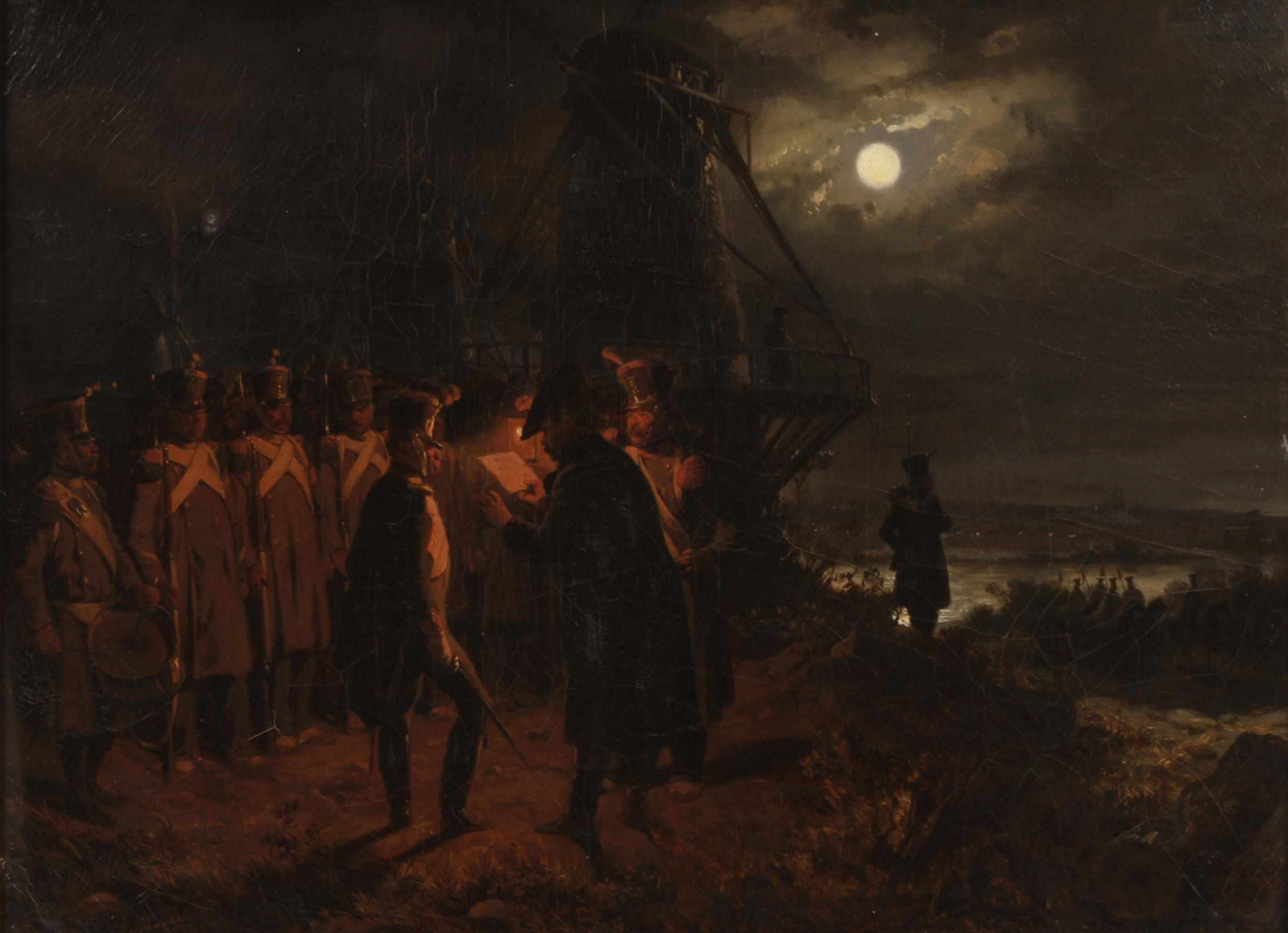 Appraisal: Hippolyte Bellang French - French soldiers in a moonlit landscape