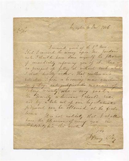 Appraisal: piece Autograph Letter Signed Clay Henry Lexington Dec p to