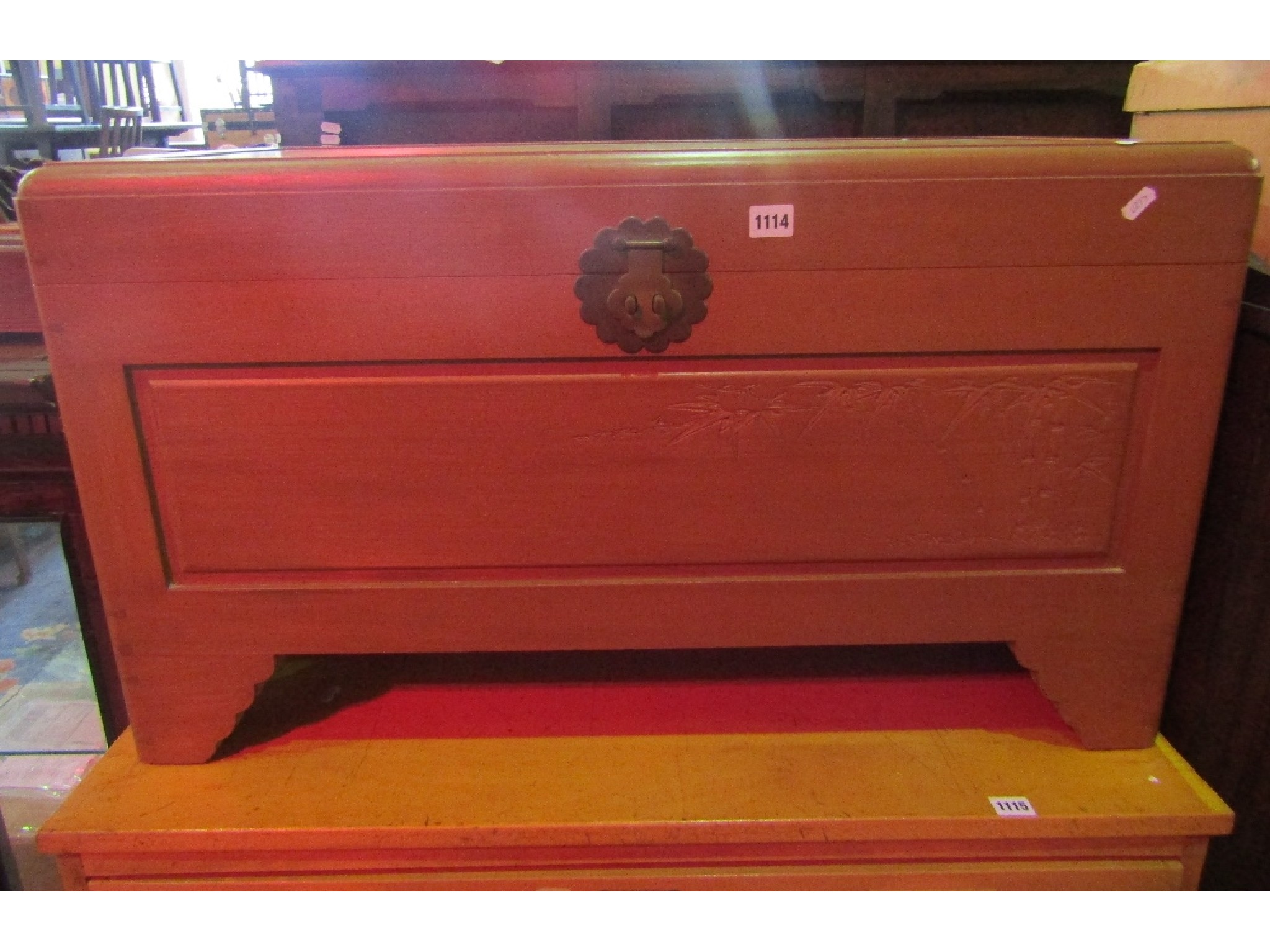 Appraisal: An Eastern camphor wood blanket box with hinged lid brass