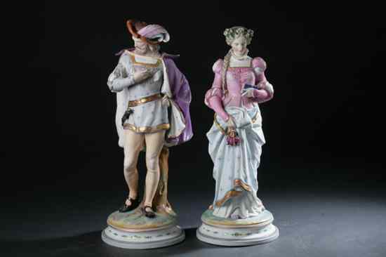 Appraisal: PAIR FRENCH BISQUE PORCELAIN FIGURES late th century Polychrome decorated