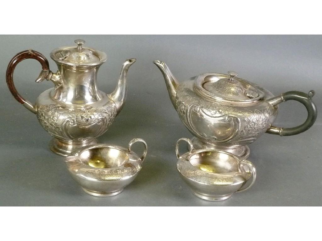 Appraisal: FOUR PIECE EPBM PEDESTAL TEASET with scroll handles and embossed