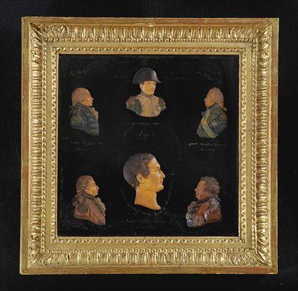 Appraisal: SIX FRAMED WAXWORK MEDALLIONS AND A COMPOSITION MINIATURE OF NAPOLEON