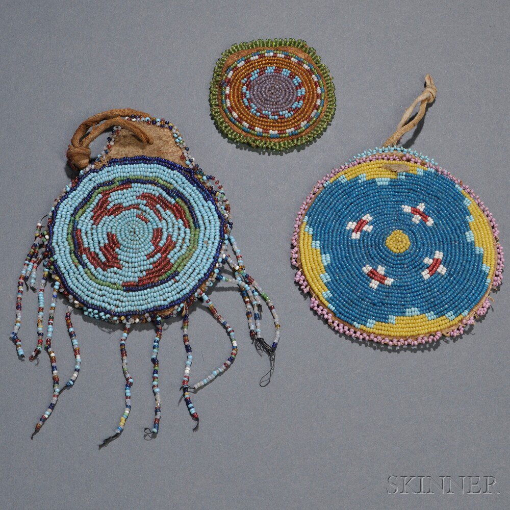 Appraisal: Three Plains Beaded Hide Pouches all beaded on one side