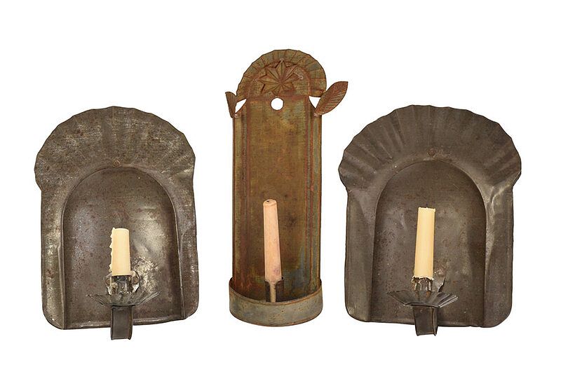 Appraisal: Three Tin Wall Sconces American th th century one pair