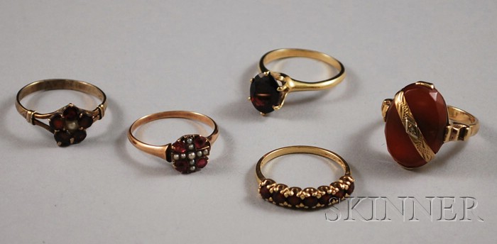 Appraisal: Five Antique Gold and Gemstone Rings a kt gold and